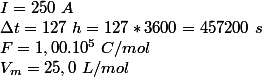 I = 250 ~ A \\ \Delta t = 127 ~ h = 127*3600 = 457 200 ~ s \\ F = 1,00.10^5 ~ C/mol \\ V_m = 25,0 ~ L/mol